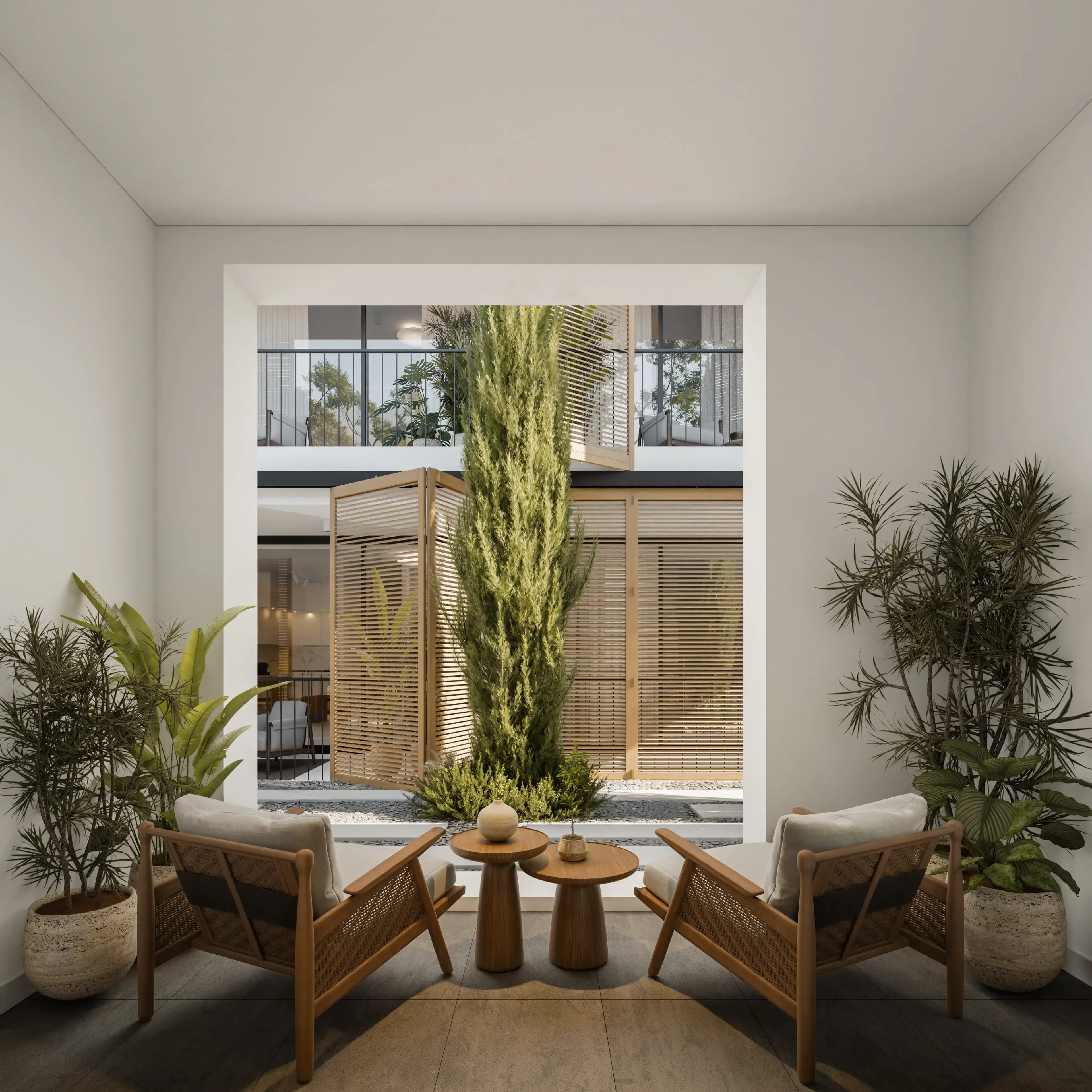 View from a VIBE apartment across the courtyard to a tall cypress and wooden shutters
