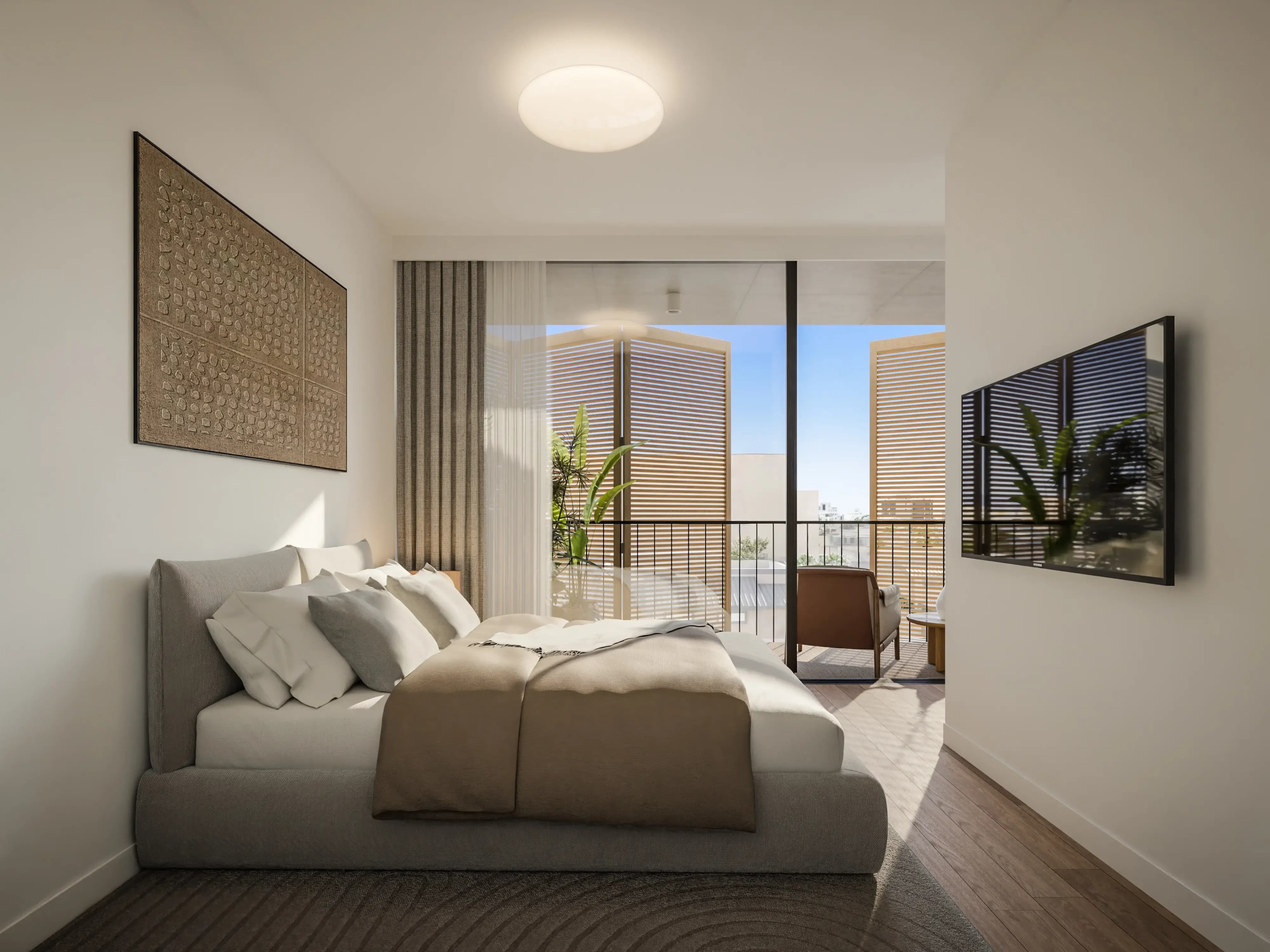 Bedroom at VIBE with a linen bed and a veranda framed by wooden shutters