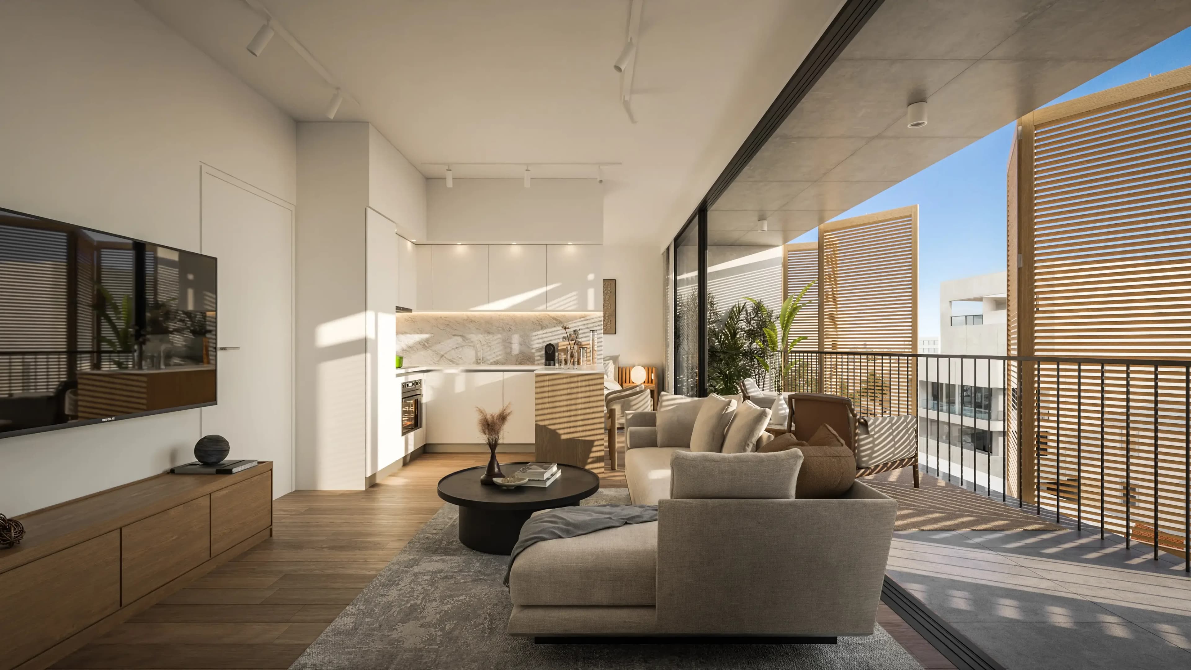 Open-plan VIBE apartment with living room, kitchen and a veranda behind wooden shutters