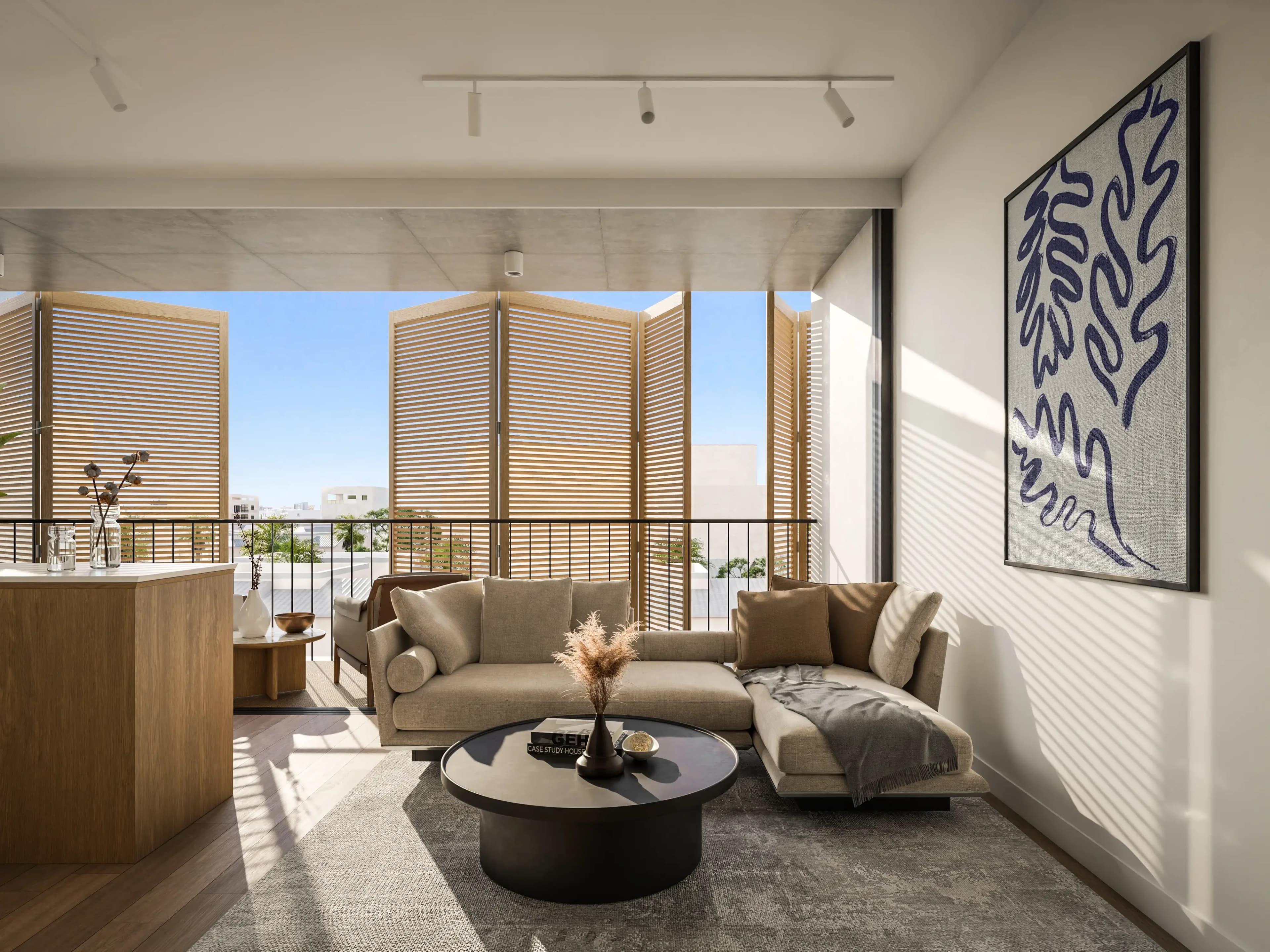 Living room at VIBE opening onto a veranda with wooden shutters and city views