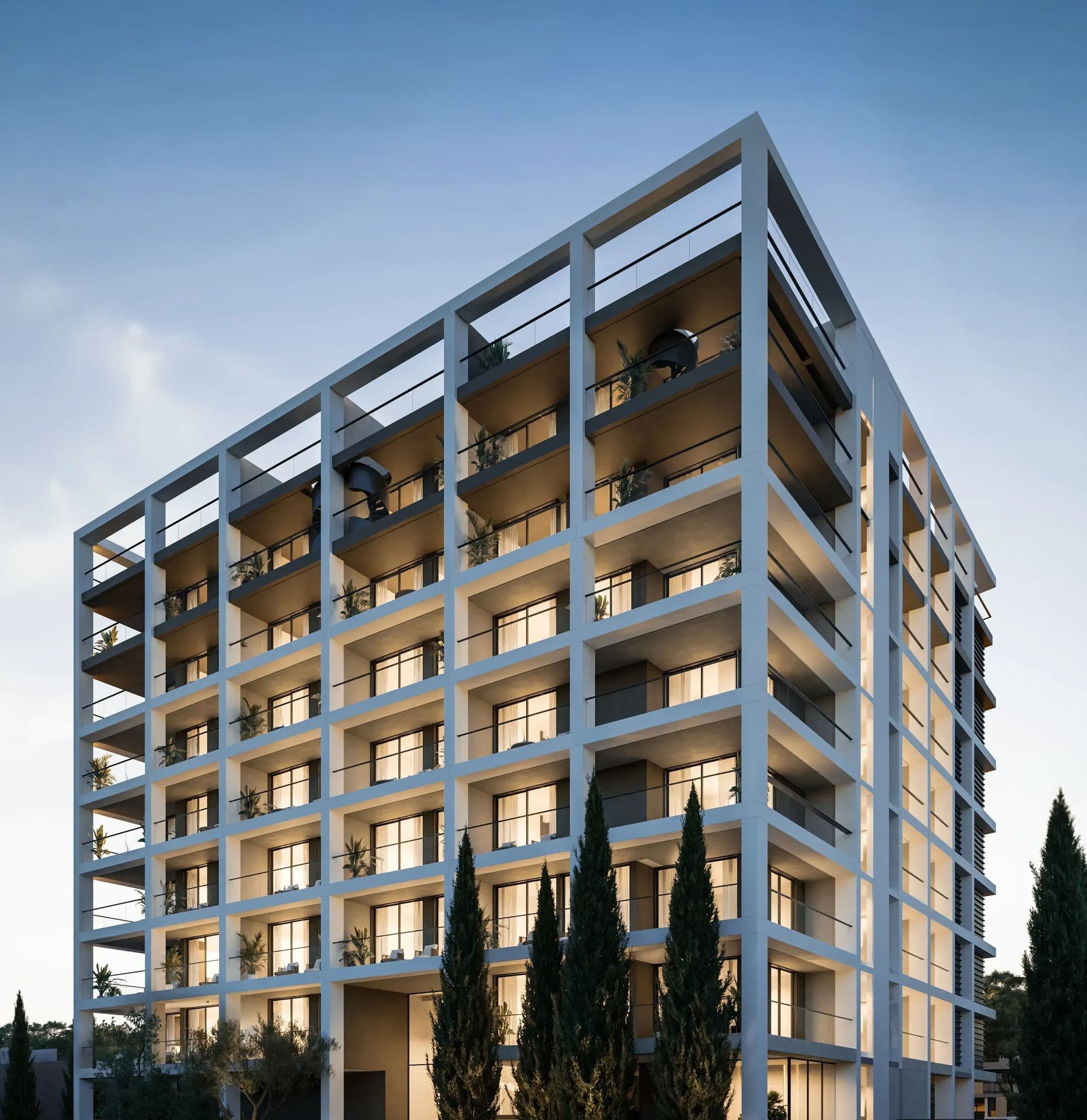 The Docks, בניין דירות של SquareOne עם שלד בטון לבן בשעת בין ערביים